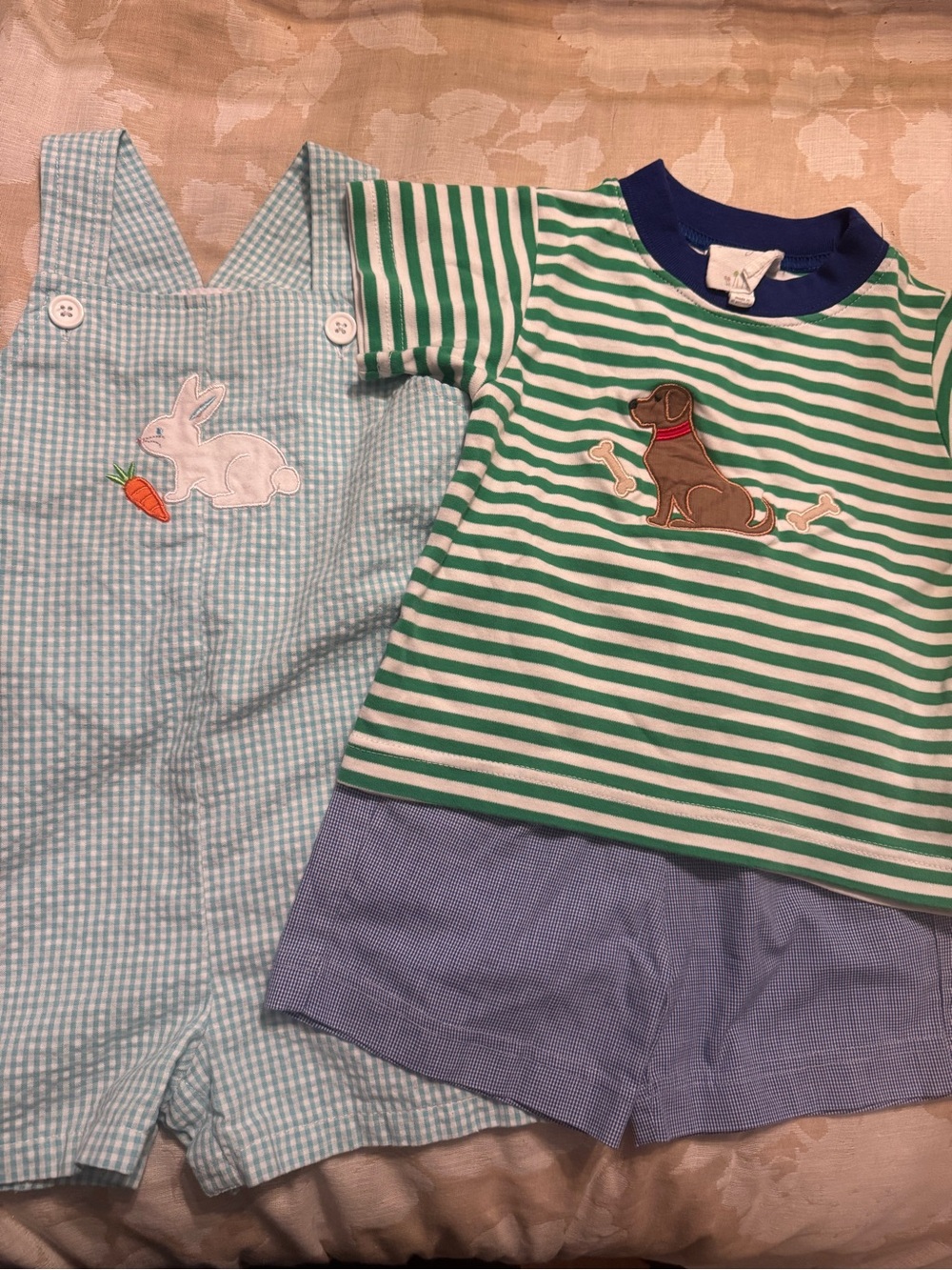 Kids Green & White Striped Dog Applique Tee with Light Blue Check Shortall Set